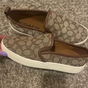 Coach Tan and Brown Patterned Slip-On Shoes